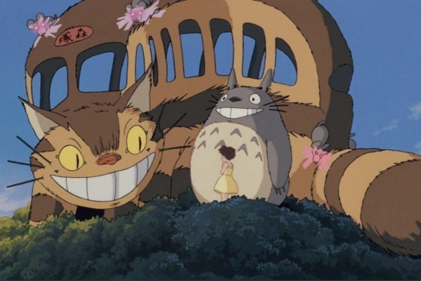 A still image of Catbus, Totoro, and Satsuke from My Neighbor Totoro.